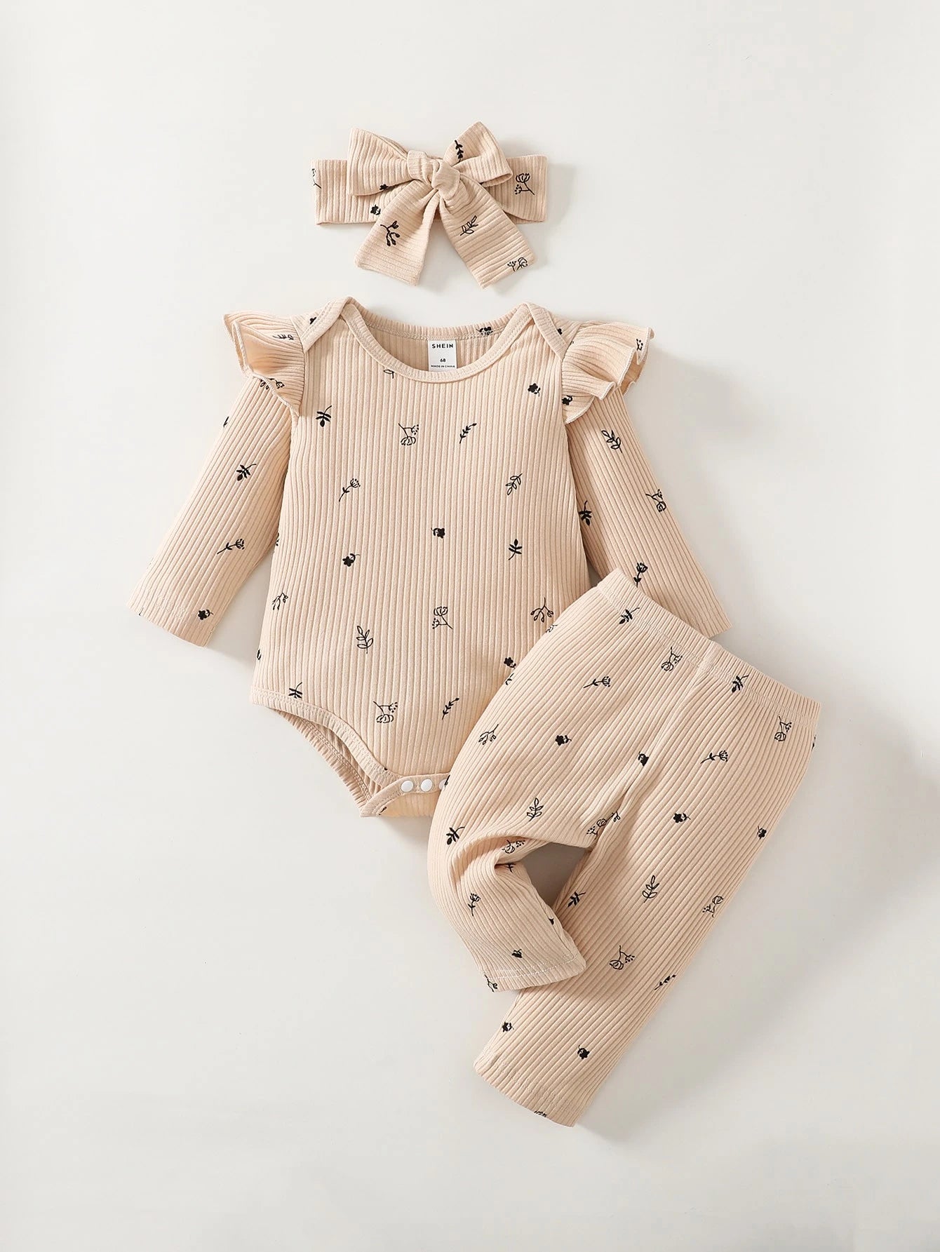 Baby Girls' Flower Printed Round Neck Long Sleeve Bodysuit And Pants Casual Outfit