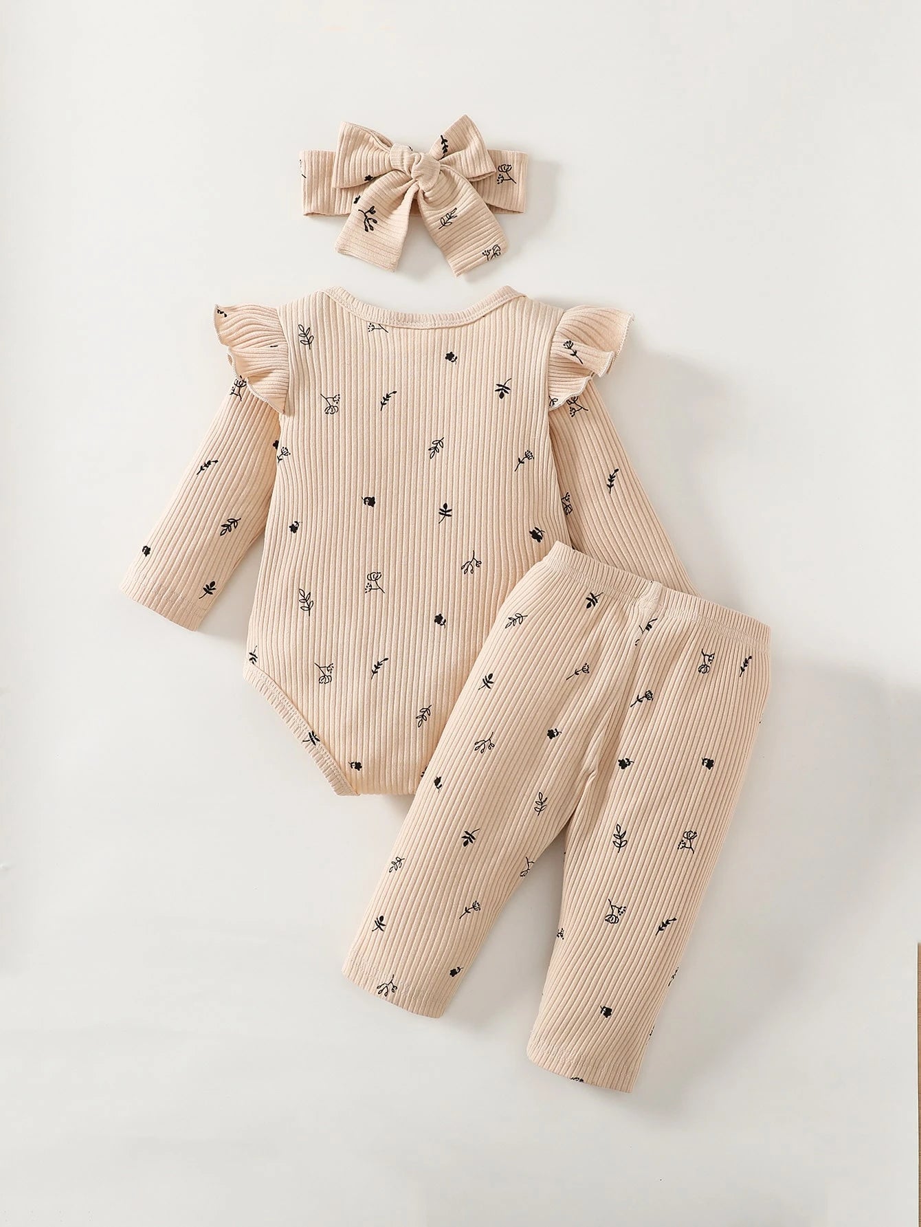 Baby Girls' Flower Printed Round Neck Long Sleeve Bodysuit And Pants Casual Outfit
