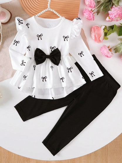 Baby Girls' New Cute Heart Print Long Sleeve 2-Piece Set, Includes 1 Bow Decor Top And 1 Solid Color Comfortable Pants, Suitable For Autumn/Winter Wear, Great For School, Back To School Season Discoun