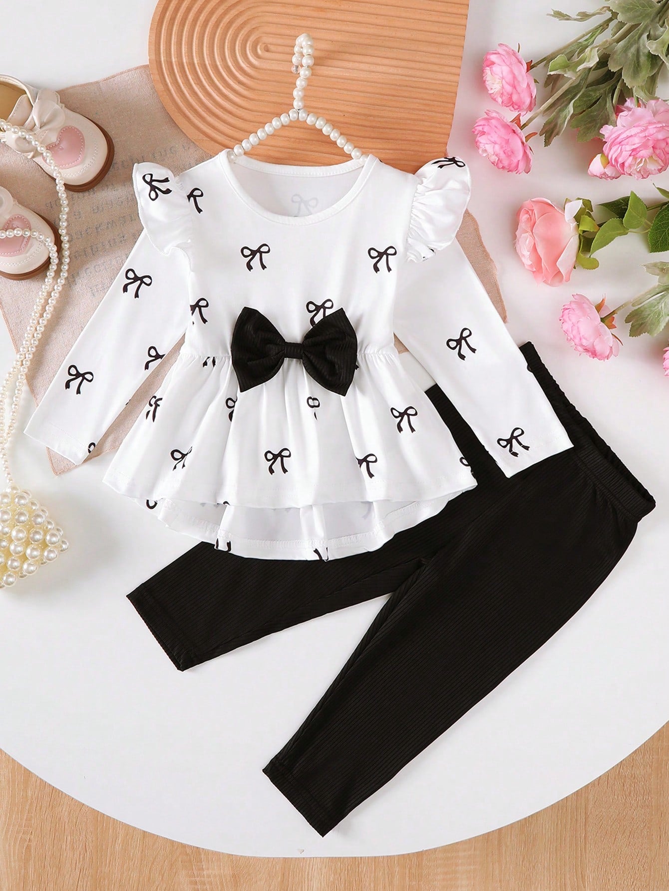 Baby Girls' New Cute Heart Print Long Sleeve 2-Piece Set, Includes 1 Bow Decor Top And 1 Solid Color Comfortable Pants, Suitable For Autumn/Winter Wear, Great For School, Back To School Season Discoun