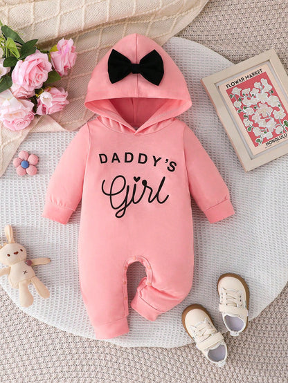 Baby Girls Simple Comfortable Spring/Autumn New Letter Print Hooded Bowknot Decor Long Sleeve Long Pants Romper Crawl Suit Bodysuit (Thin)
