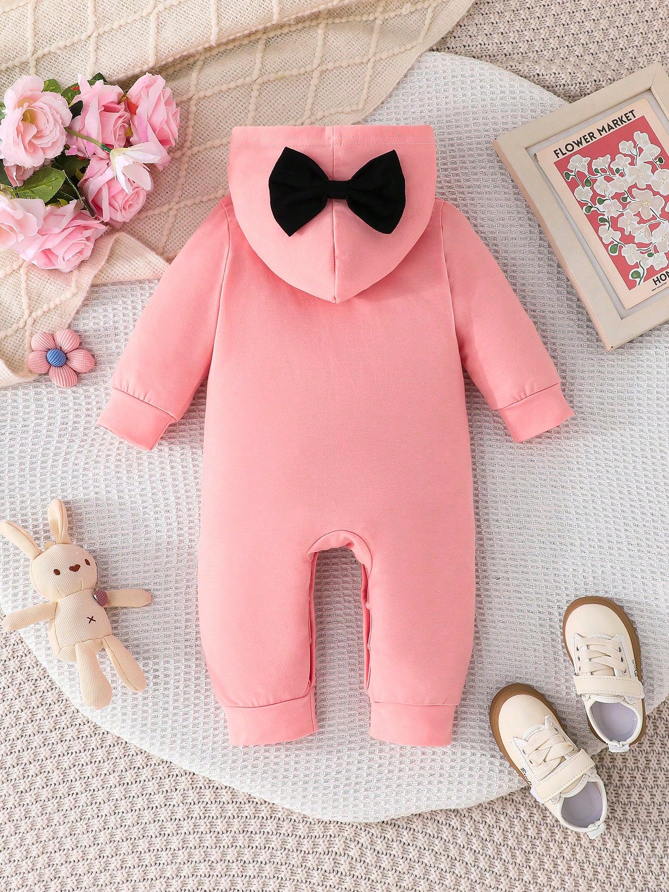 Baby Girls Simple Comfortable Spring/Autumn New Letter Print Hooded Bowknot Decor Long Sleeve Long Pants Romper Crawl Suit Bodysuit (Thin)