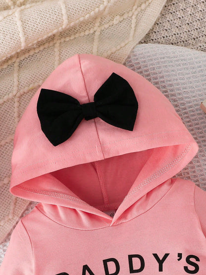 Baby Girls Simple Comfortable Spring/Autumn New Letter Print Hooded Bowknot Decor Long Sleeve Long Pants Romper Crawl Suit Bodysuit (Thin)