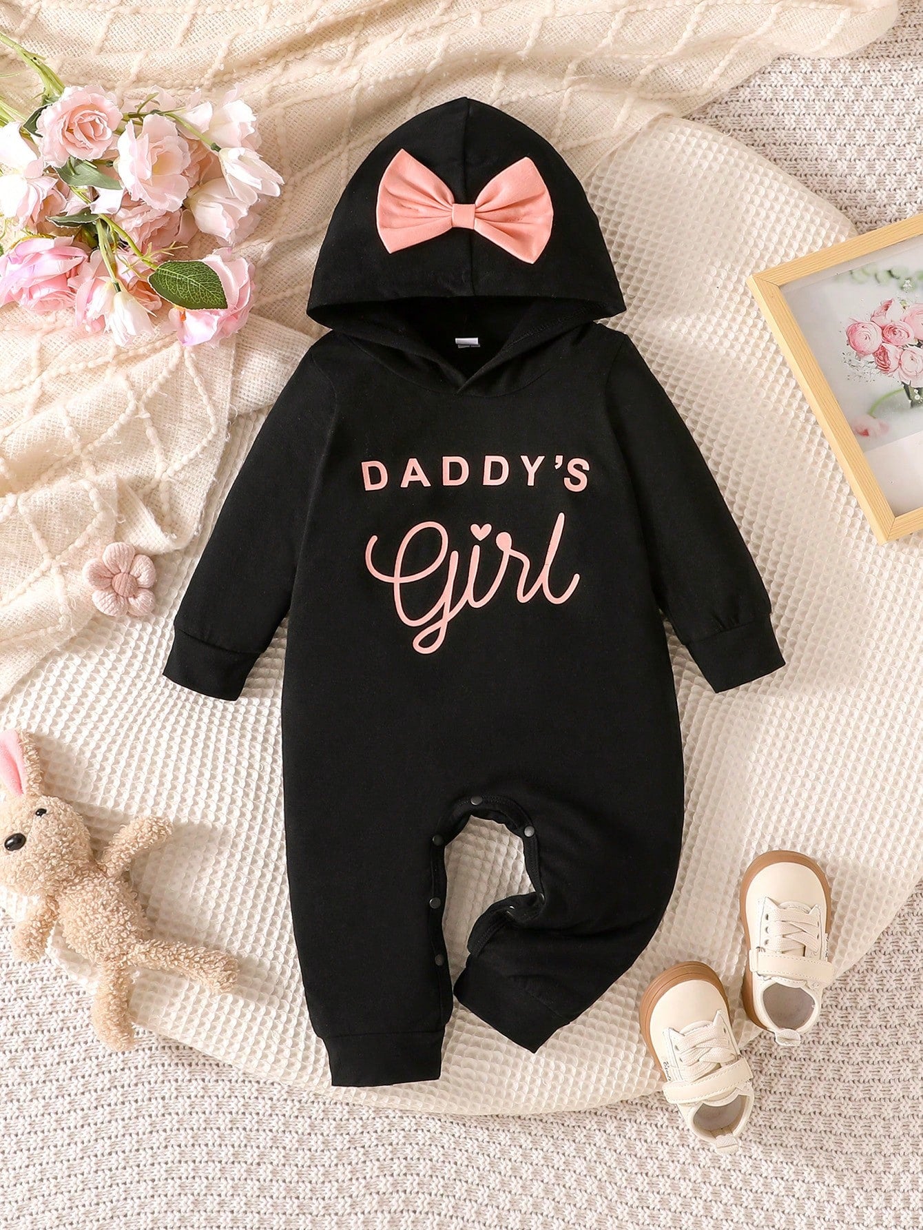 Baby Girls Simple Comfortable Spring/Autumn New Letter Print Hooded Bowknot Decor Long Sleeve Long Pants Romper Crawl Suit Bodysuit (Thin)