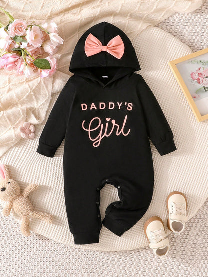 Baby Girls Simple Comfortable Spring/Autumn New Letter Print Hooded Bowknot Decor Long Sleeve Long Pants Romper Crawl Suit Bodysuit (Thin)