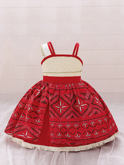 Baby Girls Sleeveless Tassel Decorated Princess Dress, Suitable For Party. Note: Fabric Pattern Is Random