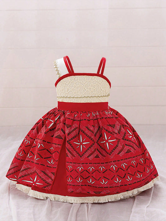 Baby Girls Sleeveless Tassel Decorated Princess Dress, Suitable For Party. Note: Fabric Pattern Is Random