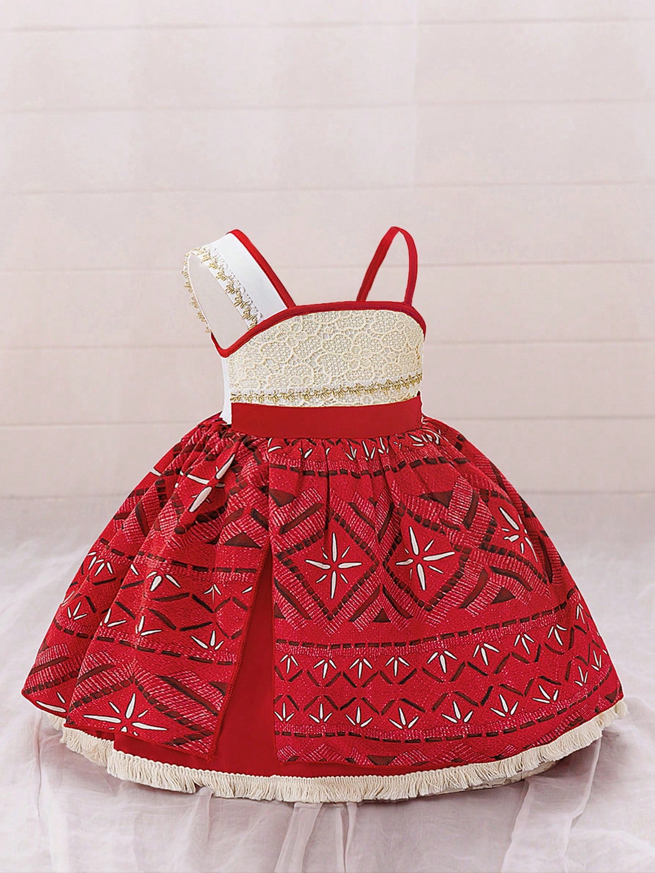 Baby Girls Sleeveless Tassel Decorated Princess Dress, Suitable For Party. Note: Fabric Pattern Is Random