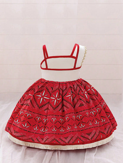 Baby Girls Sleeveless Tassel Decorated Princess Dress, Suitable For Party. Note: Fabric Pattern Is Random