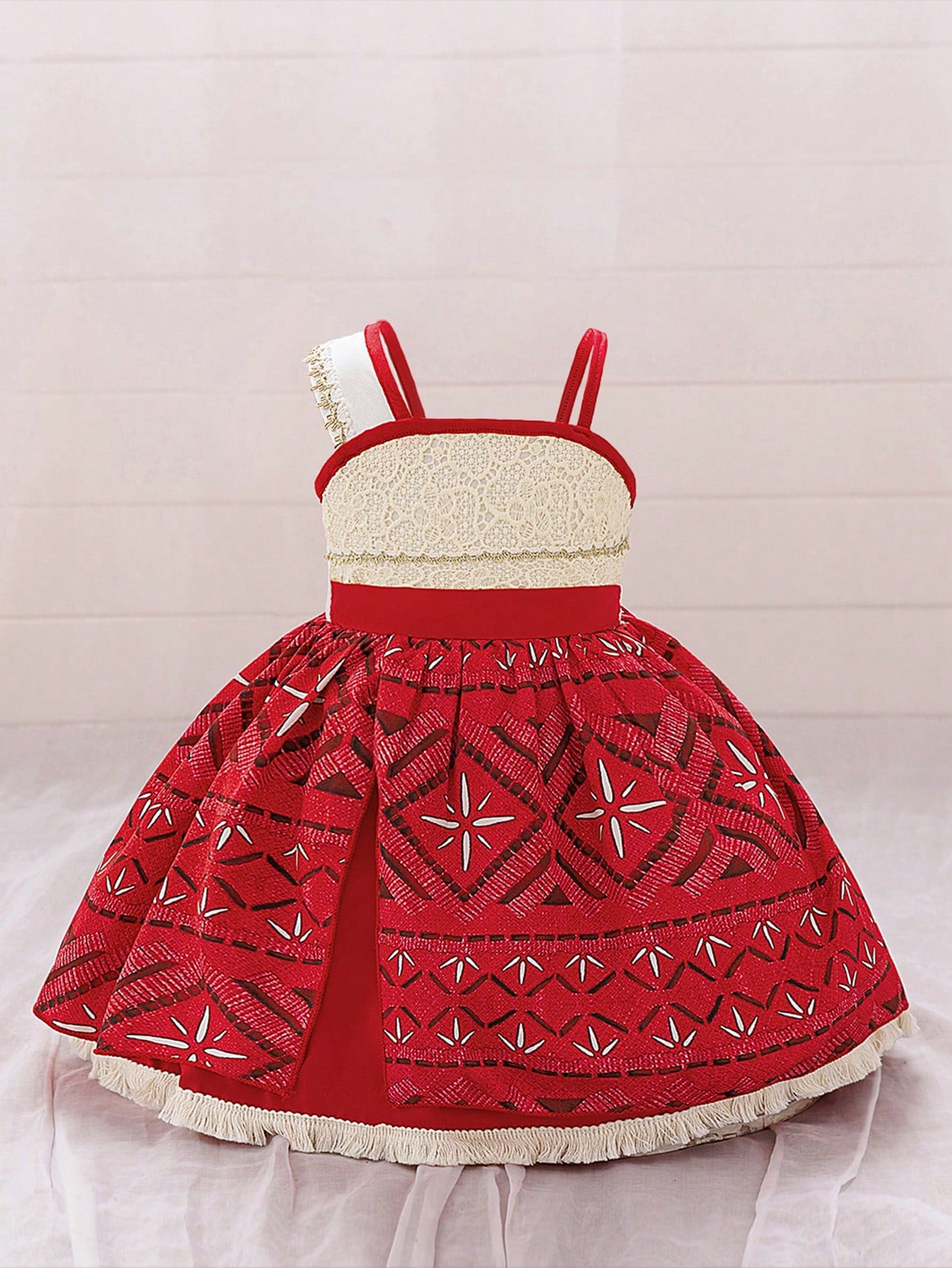 Baby Girls Sleeveless Tassel Decorated Princess Dress, Suitable For Party. Note: Fabric Pattern Is Random
