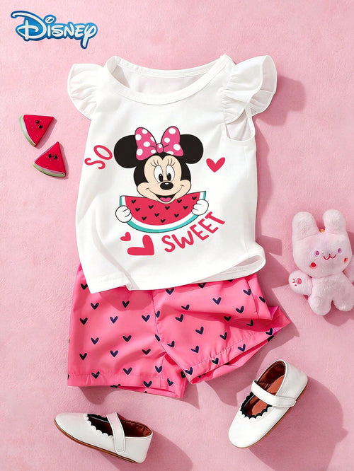 Baby Girls Tank Top Set, Summer Disney Sweetheart Style, Cap Sleeve Watermelon Minnie Mouse Tank Top + All-Over Heart Print Pink Shorts, Casual Daily Wear, Travel, Vacation, Party, Suitable For Girls