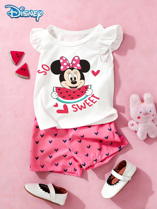 Baby Girls Tank Top Set, Summer Disney Sweetheart Style, Cap Sleeve Watermelon Minnie Mouse Tank Top + All-Over Heart Print Pink Shorts, Casual Daily Wear, Travel, Vacation, Party, Suitable For Girls