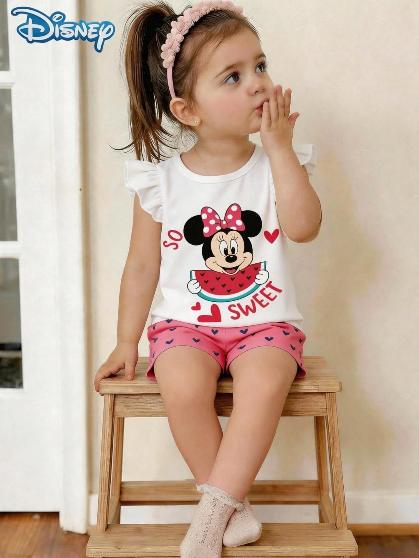 Baby Girls Tank Top Set, Summer Disney Sweetheart Style, Cap Sleeve Watermelon Minnie Mouse Tank Top + All-Over Heart Print Pink Shorts, Casual Daily Wear, Travel, Vacation, Party, Suitable For Girls