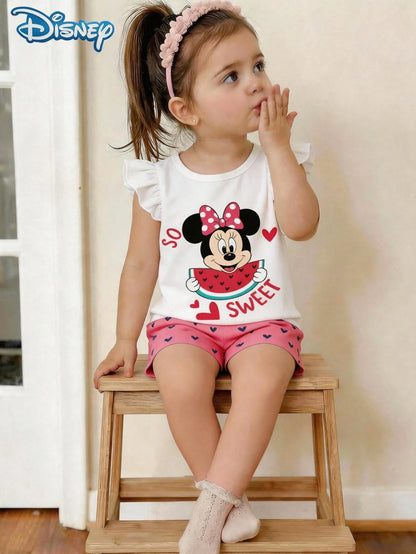 Baby Girls Tank Top Set, Summer Disney Sweetheart Style, Cap Sleeve Watermelon Minnie Mouse Tank Top + All-Over Heart Print Pink Shorts, Casual Daily Wear, Travel, Vacation, Party, Suitable For Girls