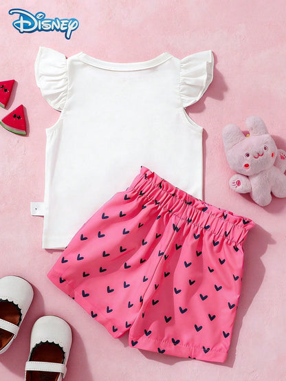 Baby Girls Tank Top Set, Summer Disney Sweetheart Style, Cap Sleeve Watermelon Minnie Mouse Tank Top + All-Over Heart Print Pink Shorts, Casual Daily Wear, Travel, Vacation, Party, Suitable For Girls