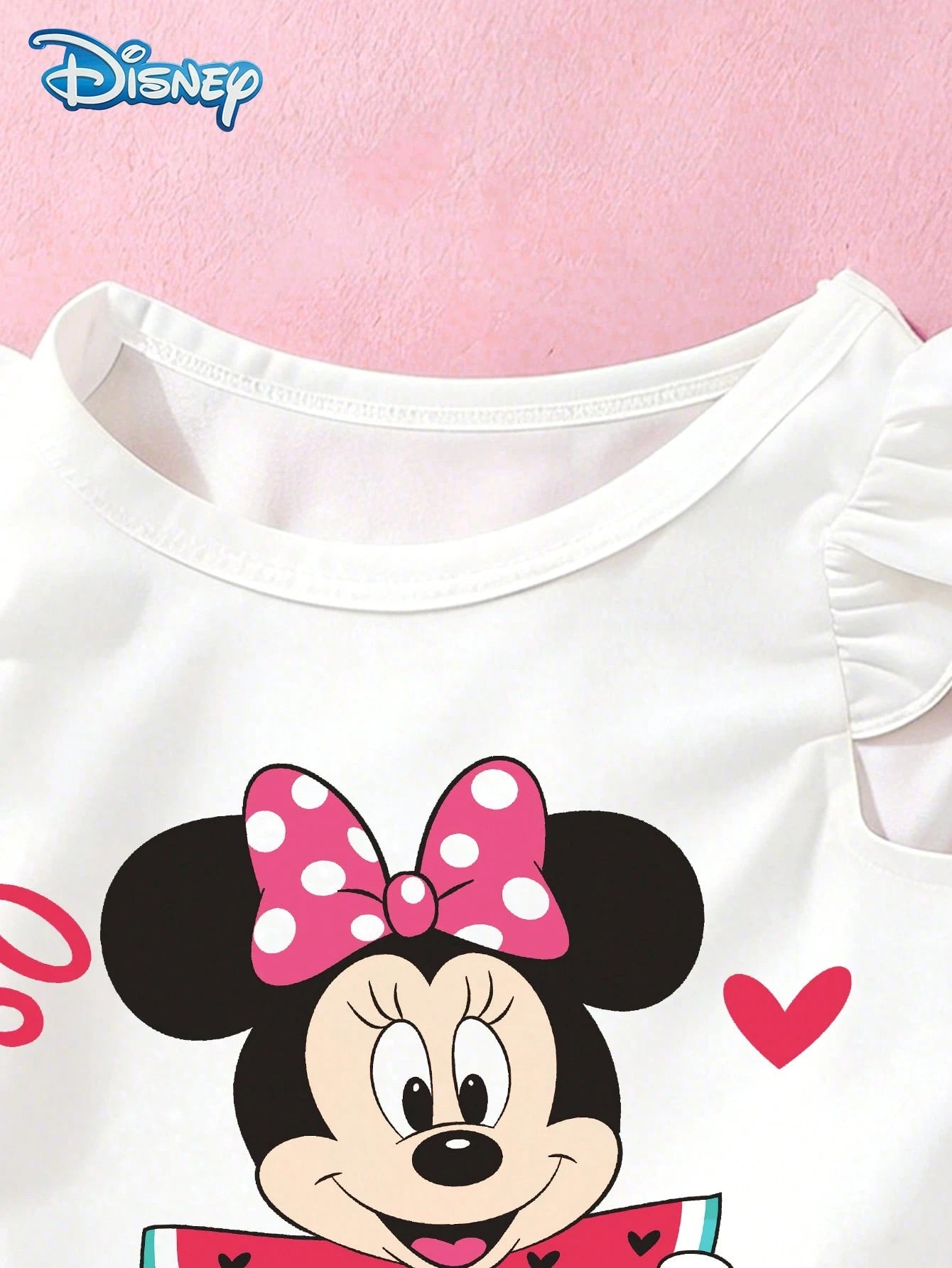 Baby Girls Tank Top Set, Summer Disney Sweetheart Style, Cap Sleeve Watermelon Minnie Mouse Tank Top + All-Over Heart Print Pink Shorts, Casual Daily Wear, Travel, Vacation, Party, Suitable For Girls