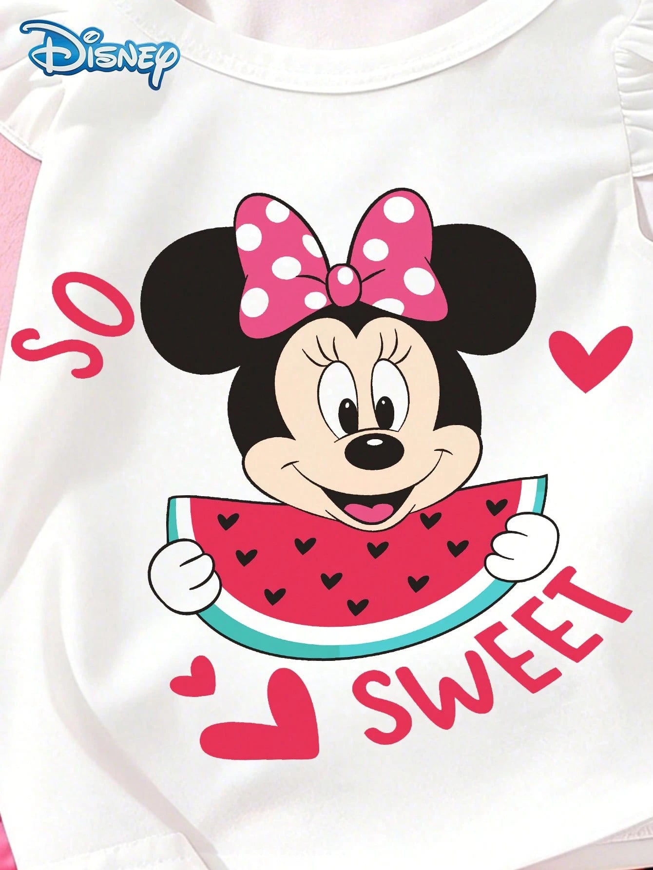 Baby Girls Tank Top Set, Summer Disney Sweetheart Style, Cap Sleeve Watermelon Minnie Mouse Tank Top + All-Over Heart Print Pink Shorts, Casual Daily Wear, Travel, Vacation, Party, Suitable For Girls