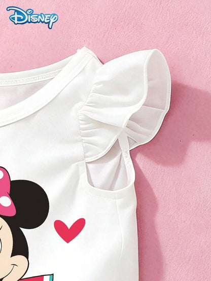 Baby Girls Tank Top Set, Summer Disney Sweetheart Style, Cap Sleeve Watermelon Minnie Mouse Tank Top + All-Over Heart Print Pink Shorts, Casual Daily Wear, Travel, Vacation, Party, Suitable For Girls