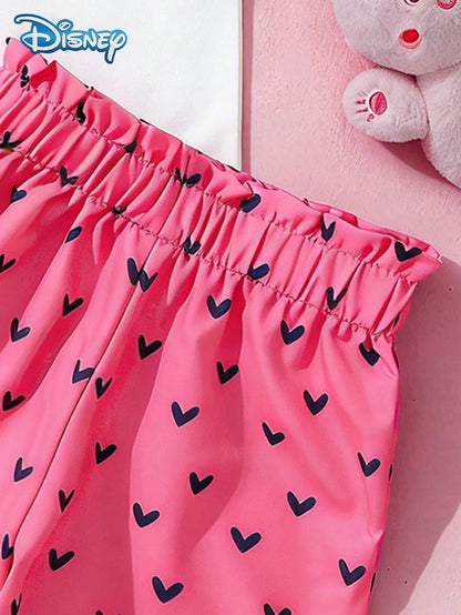 Baby Girls Tank Top Set, Summer Disney Sweetheart Style, Cap Sleeve Watermelon Minnie Mouse Tank Top + All-Over Heart Print Pink Shorts, Casual Daily Wear, Travel, Vacation, Party, Suitable For Girls