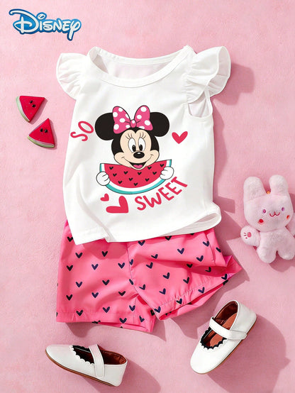 Baby Girls Tank Top Set, Summer Disney Sweetheart Style, Cap Sleeve Watermelon Minnie Mouse Tank Top + All-Over Heart Print Pink Shorts, Casual Daily Wear, Travel, Vacation, Party, Suitable For Girls