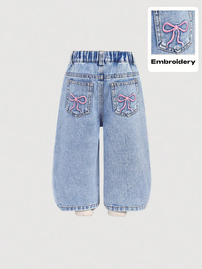 Baby Girls Y2K Loose Flared Leg Jeans With Cute Embroidered Bow Decor, Pink,Kid Girls Spring And Summer Casual Vacation Hobo Wear