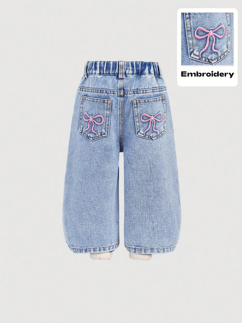 Baby Girls Y2K Loose Flared Leg Jeans With Cute Embroidered Bow Decor, Pink,Kid Girls Spring And Summer Casual Vacation Hobo Wear