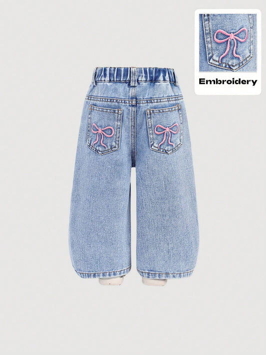 Baby Girls Y2K Loose Flared Leg Jeans With Cute Embroidered Bow Decor, Pink,Kid Girls Spring And Summer Casual Vacation Hobo Wear