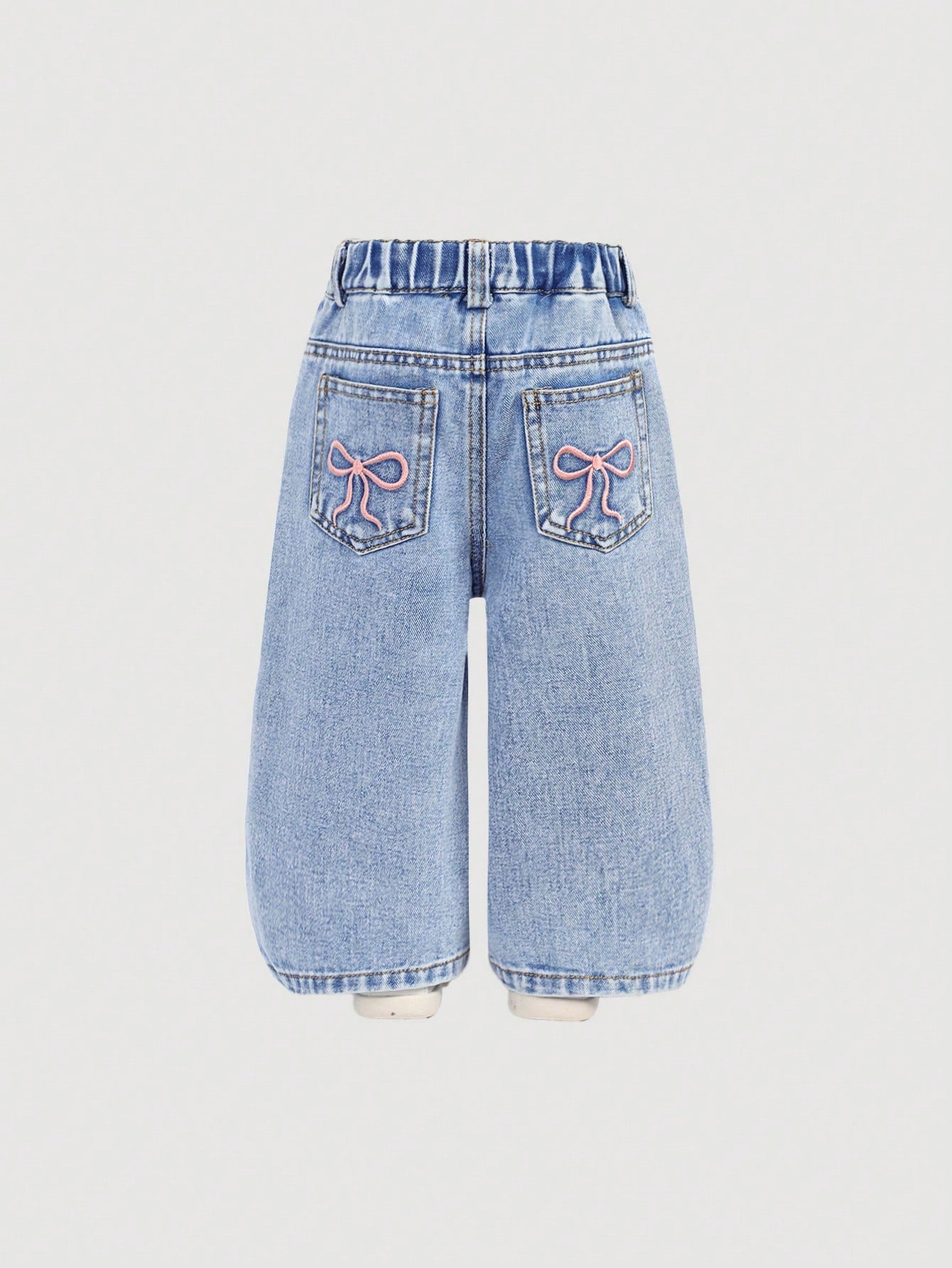 Baby Girls Y2K Loose Flared Leg Jeans With Cute Embroidered Bow Decor, Pink,Kid Girls Spring And Summer Casual Vacation Hobo Wear