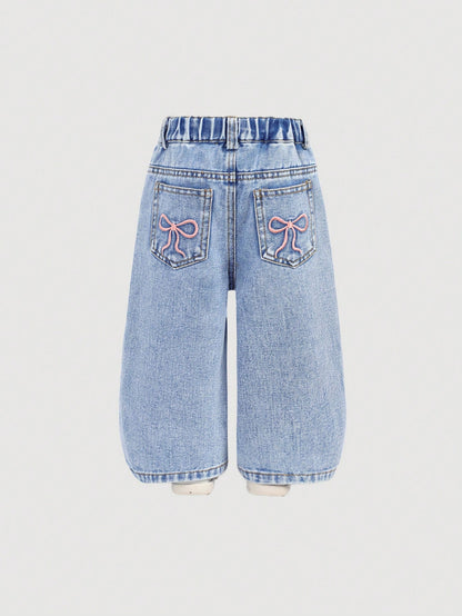 Baby Girls Y2K Loose Flared Leg Jeans With Cute Embroidered Bow Decor, Pink,Kid Girls Spring And Summer Casual Vacation Hobo Wear