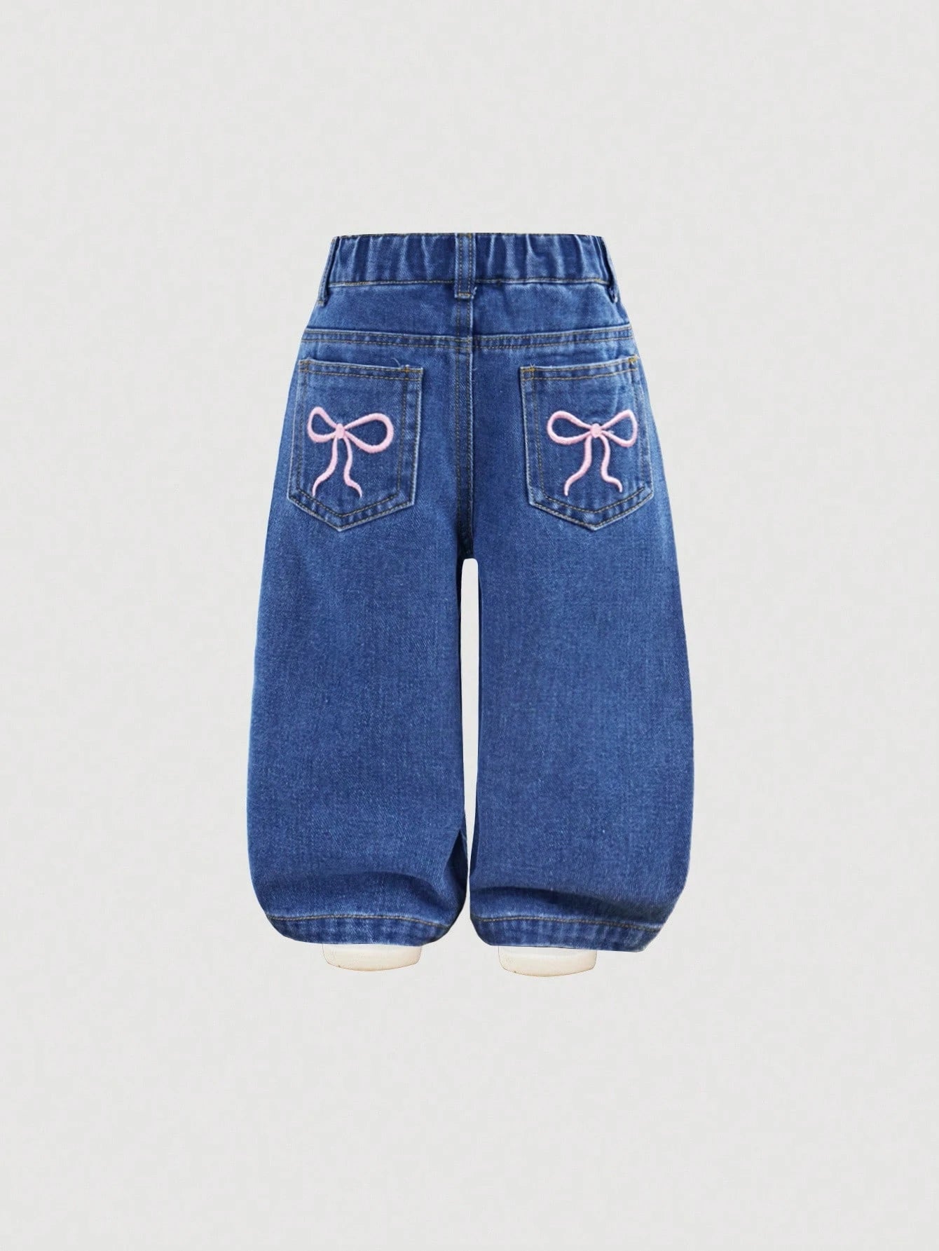 Baby Girls Y2K Loose Flared Leg Jeans With Cute Embroidered Bow Decor, Pink,Kid Girls Spring And Summer Casual Vacation Hobo Wear