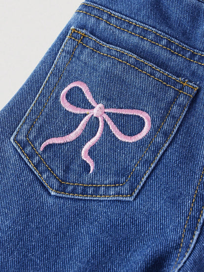Baby Girls Y2K Loose Flared Leg Jeans With Cute Embroidered Bow Decor, Pink,Kid Girls Spring And Summer Casual Vacation Hobo Wear
