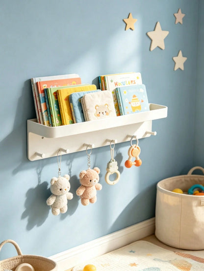 Baby Nursery Wall Storage Shelf With Hooks, Floating Book Organizer Rack For Infant Room, Multifunctional Hanging Towel Display Holder