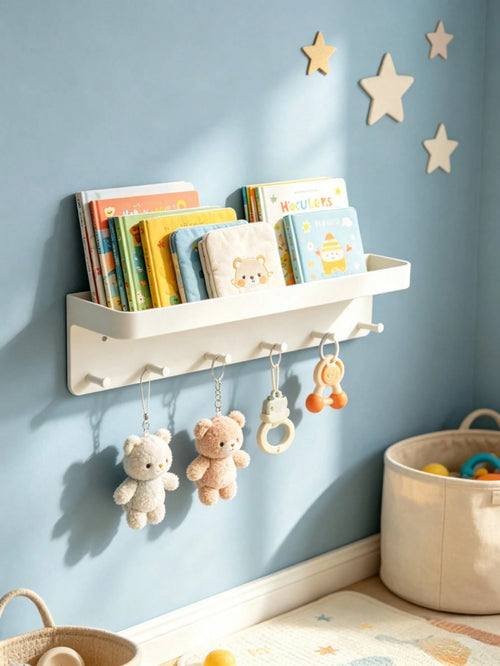 Baby Nursery Wall Storage Shelf With Hooks, Floating Book Organizer Rack For Infant Room, Multifunctional Hanging Towel Display Holder