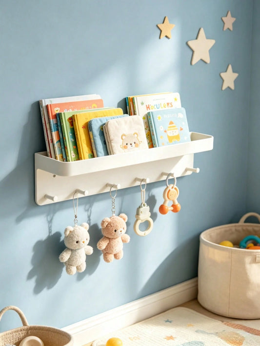 Baby Nursery Wall Storage Shelf With Hooks, Floating Book Organizer Rack For Infant Room, Multifunctional Hanging Towel Display Holder