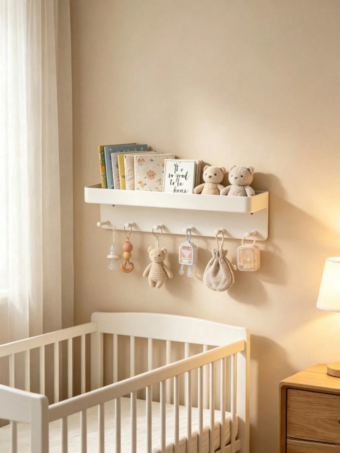 Baby Nursery Wall Storage Shelf With Hooks, Floating Book Organizer Rack For Infant Room, Multifunctional Hanging Towel Display Holder
