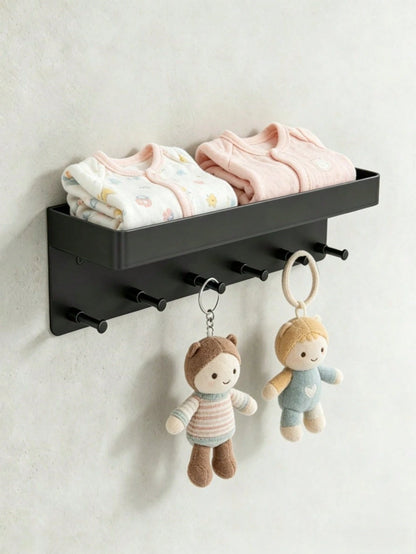 Baby Nursery Wall Storage Shelf With Hooks, Floating Book Organizer Rack For Infant Room, Multifunctional Hanging Towel Display Holder