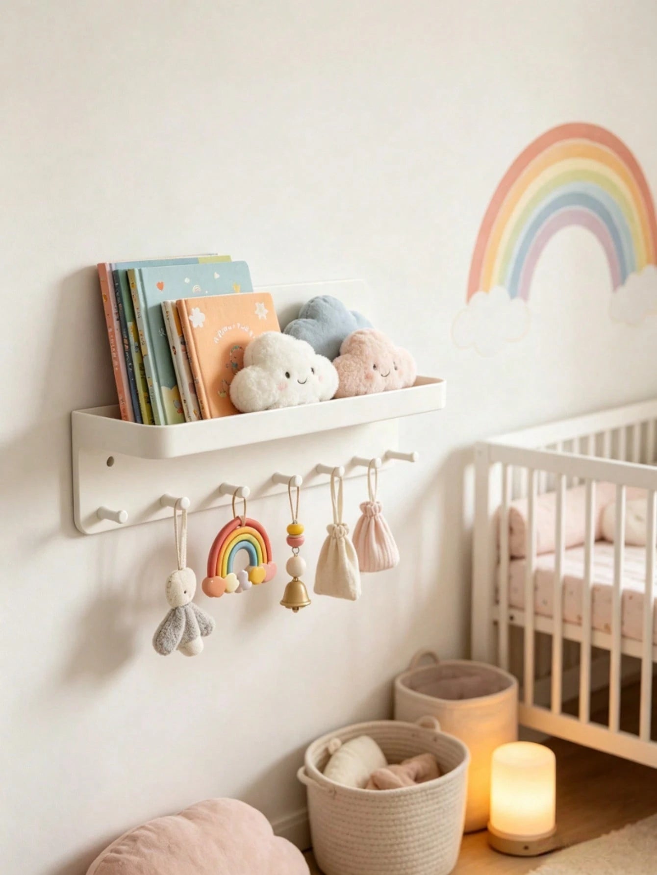 Baby Nursery Wall Storage Shelf With Hooks, Floating Book Organizer Rack For Infant Room, Multifunctional Hanging Towel Display Holder