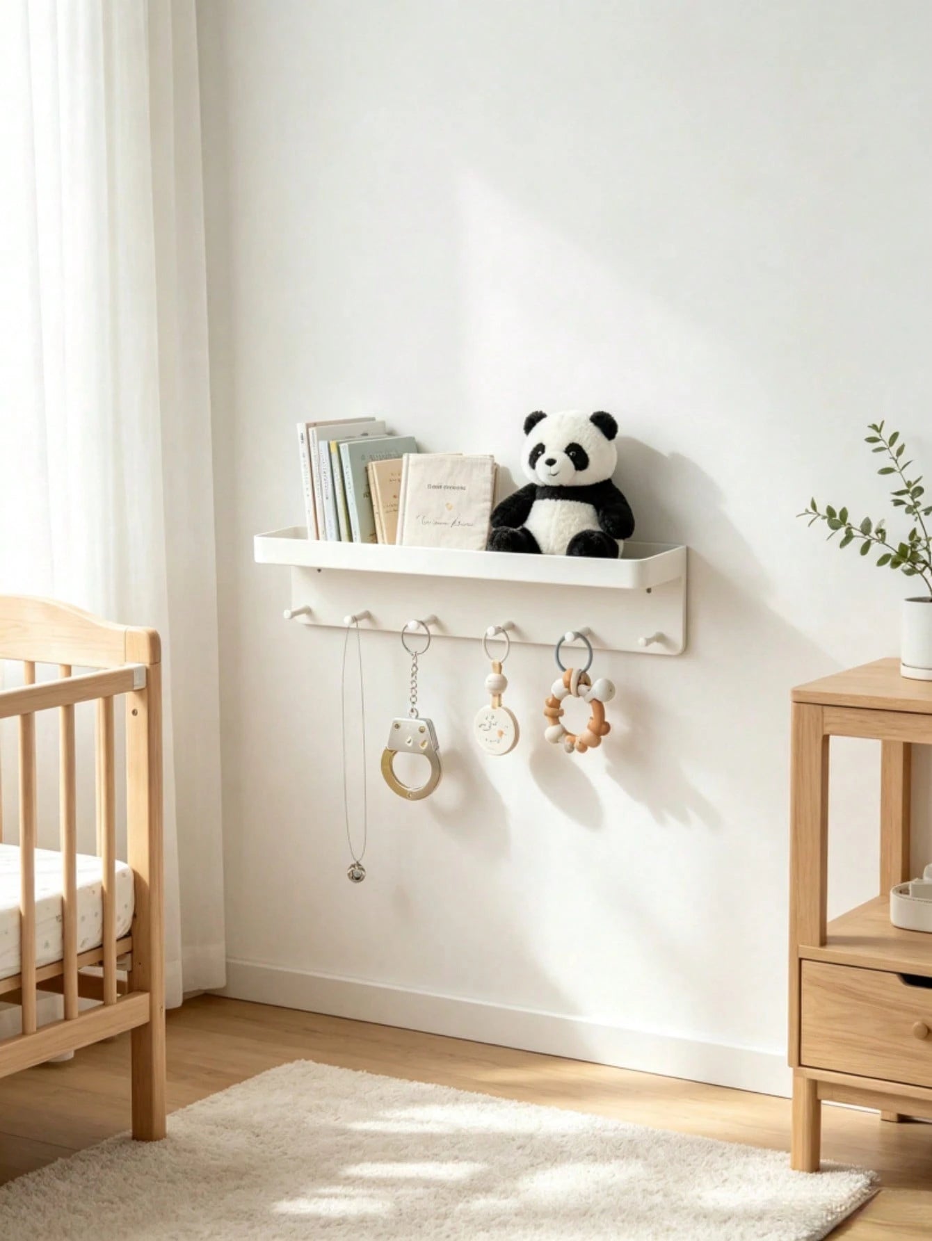 Baby Nursery Wall Storage Shelf With Hooks, Floating Book Organizer Rack For Infant Room, Multifunctional Hanging Towel Display Holder