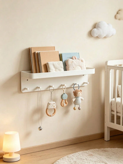 Baby Nursery Wall Storage Shelf With Hooks, Floating Book Organizer Rack For Infant Room, Multifunctional Hanging Towel Display Holder