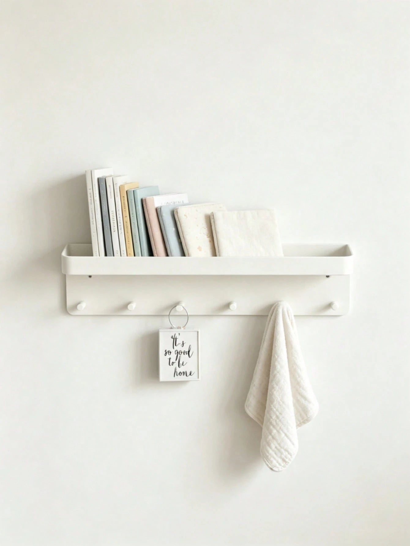 Baby Nursery Wall Storage Shelf With Hooks, Floating Book Organizer Rack For Infant Room, Multifunctional Hanging Towel Display Holder