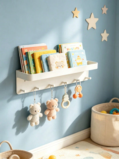 Baby Nursery Wall Storage Shelf With Hooks, Floating Book Organizer Rack For Infant Room, Multifunctional Hanging Towel Display Holder