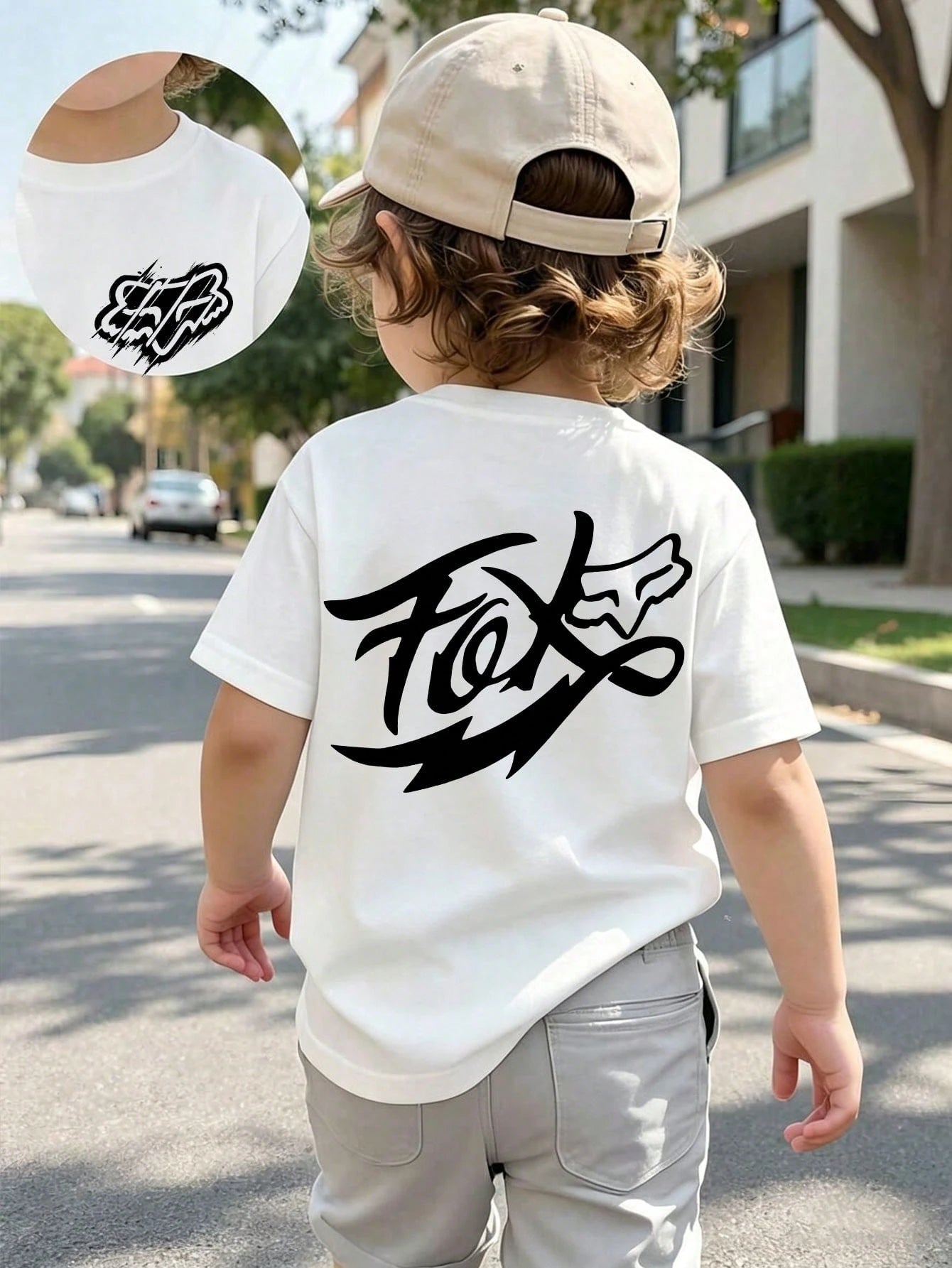 Baby Short Sleeve T-Shirt With FOX Graffiti Text Print, Unisex Design, Simple Round Neck, Soft And Casual, All-Match For Daily Wear, Outings, Parties And Photos.