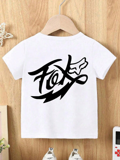 Baby Short Sleeve T-Shirt With FOX Graffiti Text Print, Unisex Design, Simple Round Neck, Soft And Casual, All-Match For Daily Wear, Outings, Parties And Photos.