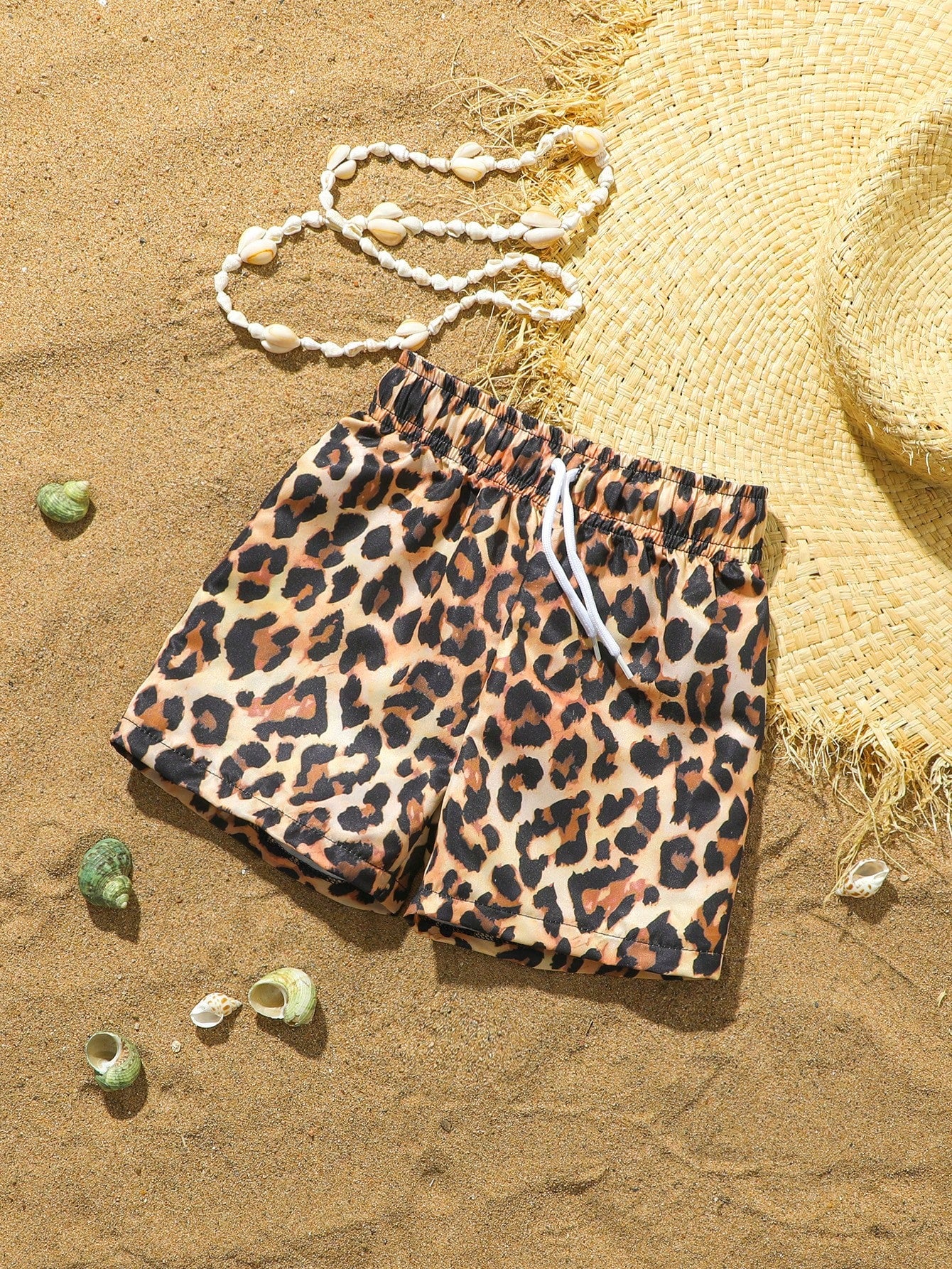 Baby/Toddler Boys' Cute Leopard Print Swimming Trunks, Woven Fabric Beach Shorts, Suitable For Vacation, Toddler Beach Clothes