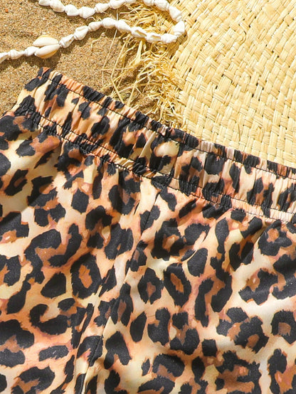 Baby/Toddler Boys' Cute Leopard Print Swimming Trunks, Woven Fabric Beach Shorts, Suitable For Vacation, Toddler Beach Clothes
