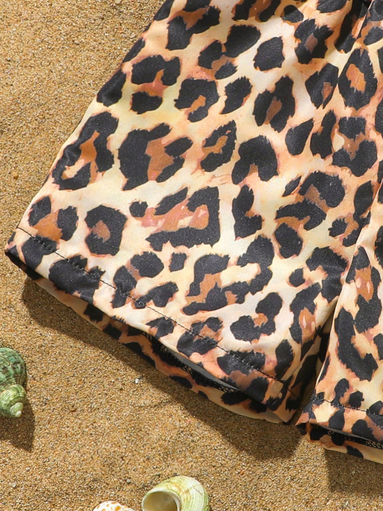 Baby/Toddler Boys' Cute Leopard Print Swimming Trunks, Woven Fabric Beach Shorts, Suitable For Vacation, Toddler Beach Clothes