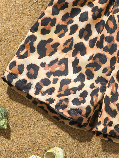 Baby/Toddler Boys' Cute Leopard Print Swimming Trunks, Woven Fabric Beach Shorts, Suitable For Vacation, Toddler Beach Clothes