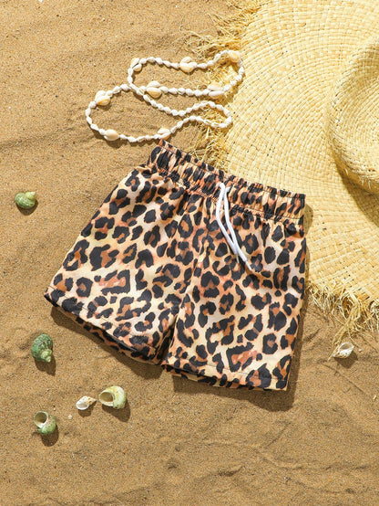 Baby/Toddler Boys' Cute Leopard Print Swimming Trunks, Woven Fabric Beach Shorts, Suitable For Vacation, Toddler Beach Clothes