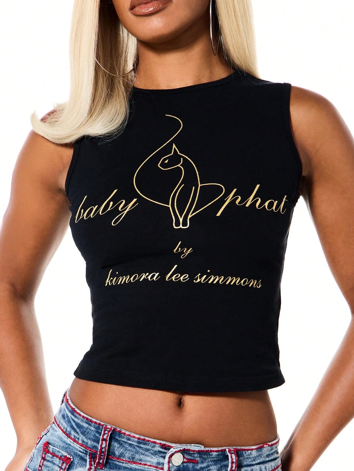 BABYPHAT Glitter Logo Crop Tank Top Sleeveless Round Neck Y2K Streetwear