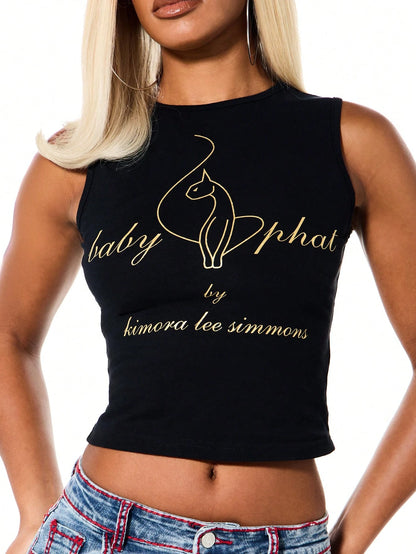 BABYPHAT Glitter Logo Crop Tank Top Sleeveless Round Neck Y2K Streetwear